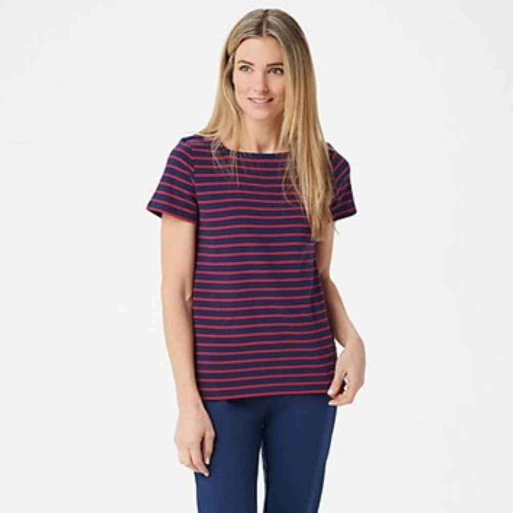 BROOKE SHIELDS Timeless Short-Sleeve Striped Knit Top